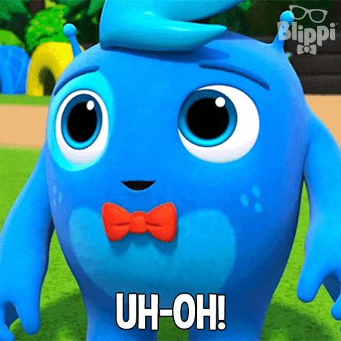 a blue cartoon character with a red bow tie says uh-oh!