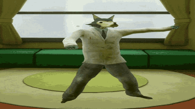 a man in a lab coat with a wolf head is dancing in a room