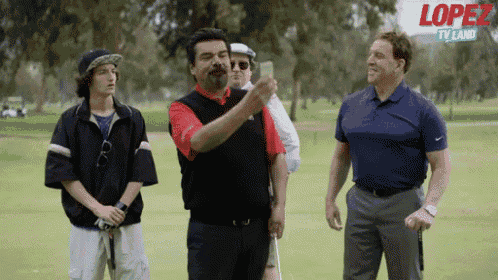 a group of men standing on a golf course with the word lopez on the bottom right