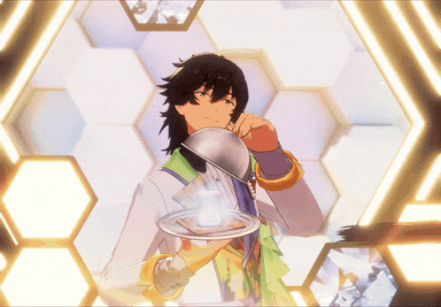a man is holding a spoon and a plate of food