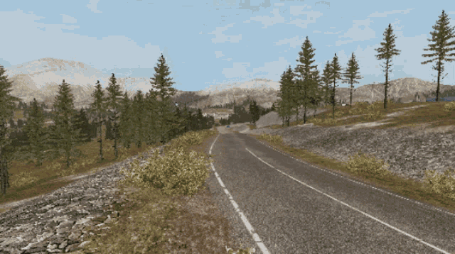 a computer generated image of a road surrounded by trees and mountains