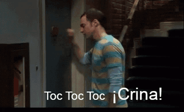 a man knocking on a door with the words toc toc toc ¡ crina ! below him