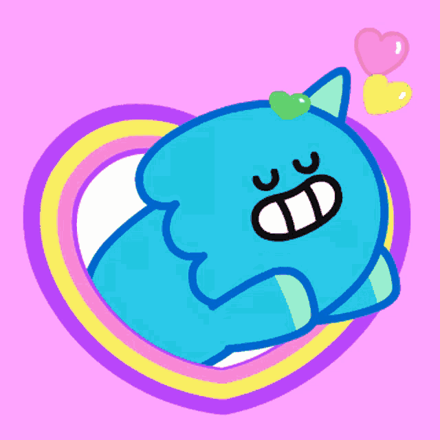 a cartoon drawing of a blue cat with a green heart above it