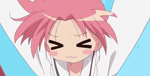 a girl with pink hair is making a funny face with her eyes closed