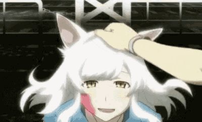 a person is petting a white anime girl 's head with a cat ear .