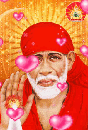 a painting of a man with a beard and a red turban surrounded by hearts