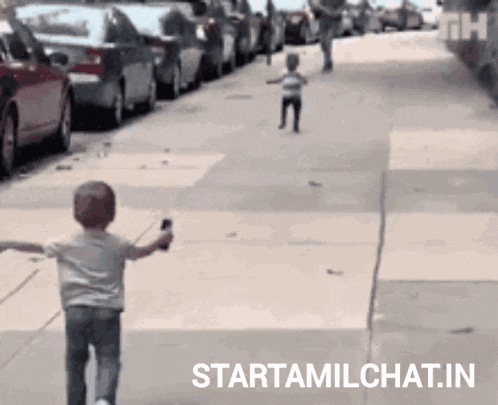 a child runs down a sidewalk with the words starttamilchat.in written on the bottom