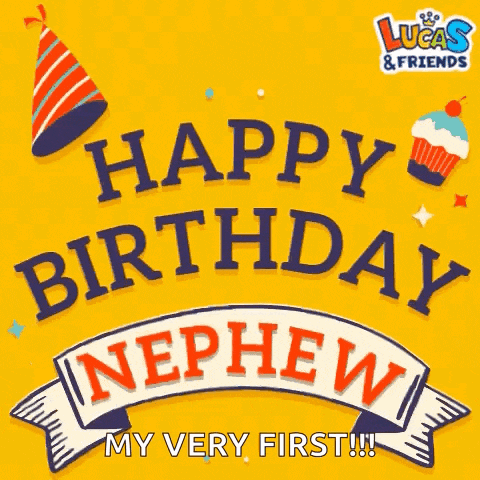 a happy birthday nephew greeting card with a cupcake and a party hat on a yellow background .