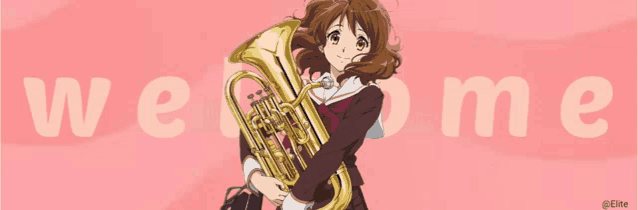 a girl holding a trumpet in front of a pink background that says " welcome "