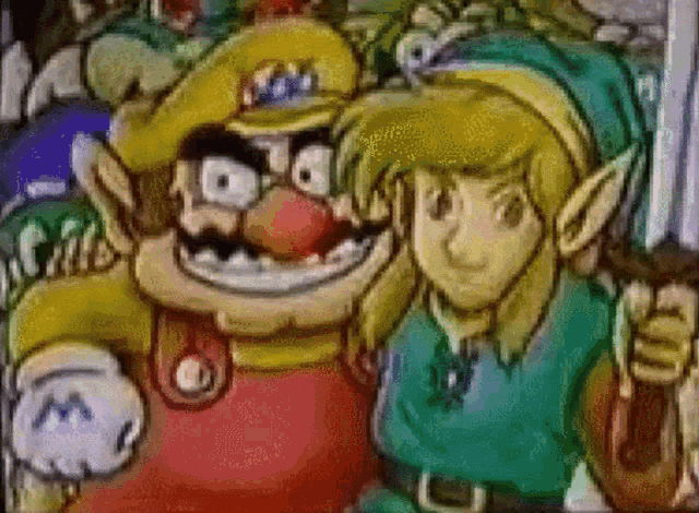 a cartoon of wario and link are posing for a picture .