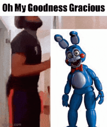 a man with a beard is standing next to a picture of bonnie the bunny .