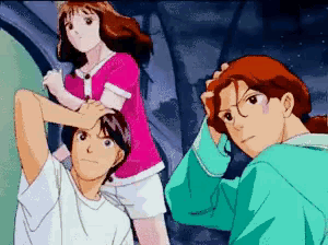 a group of anime characters standing next to each other including a girl in a pink shirt