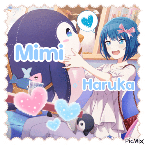 a girl with blue hair is petting a stuffed penguin with the name mimi and haruka on it