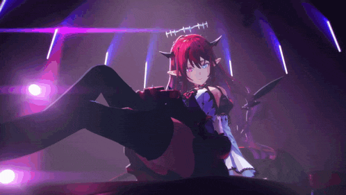 a girl with red hair and horns is laying down with a purple light behind her