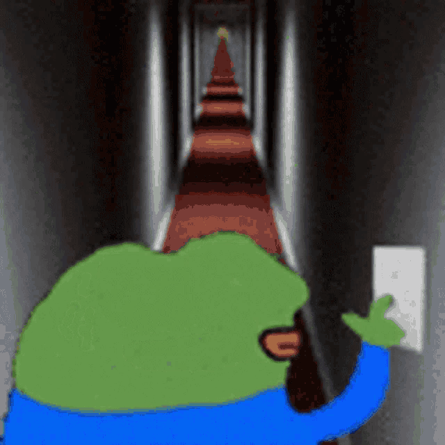 a cartoon of a green frog in a hallway holding a light switch