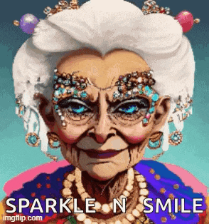 a cartoon of an elderly woman with rhinestones on her face and a necklace .