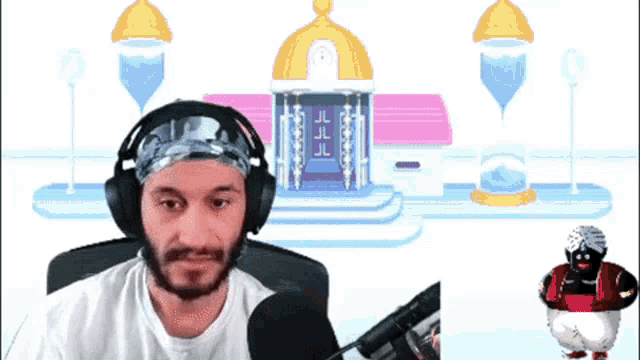 a man wearing headphones and a bandana stands in front of a microphone in front of a cartoon penguin