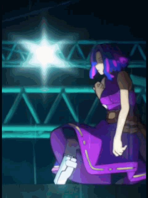 a girl with purple and pink hair is sitting in front of a light