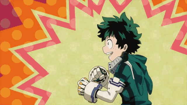 a cartoon character with green hair is smiling and holding something in his hand
