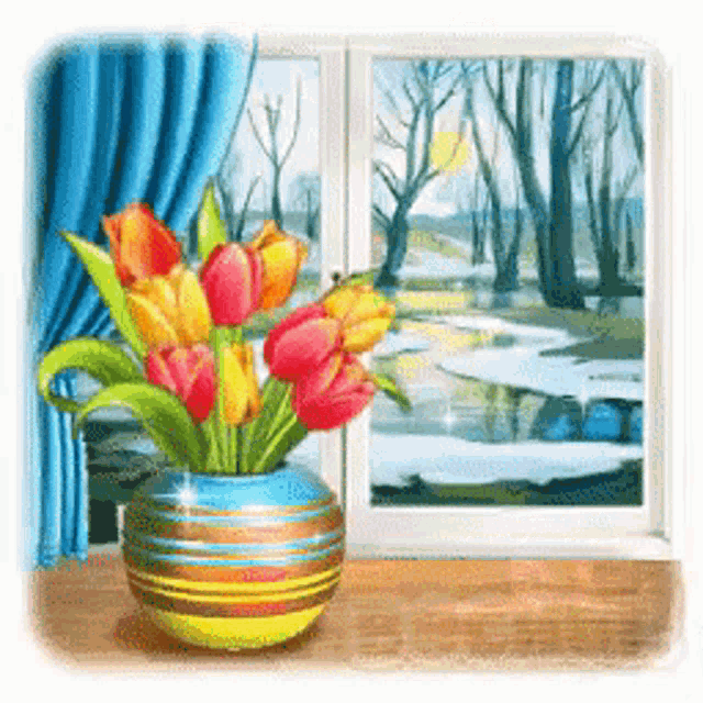 a vase of flowers sits on a table in front of a window with a painting of trees in the background