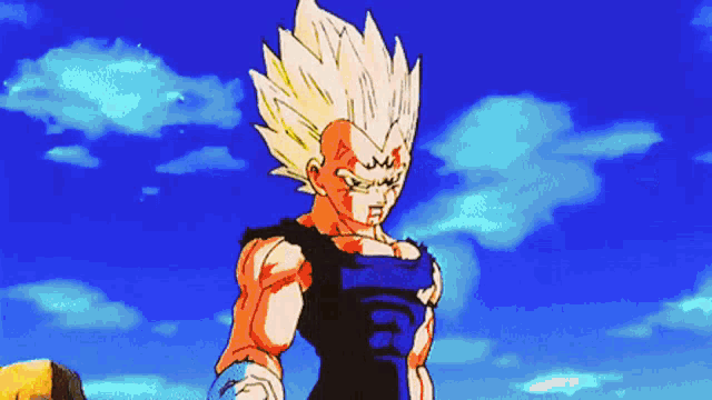 a cartoon character from dragon ball z standing in front of a blue sky .