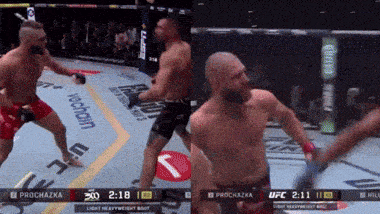 two men are fighting in a boxing ring with ufc on the bottom