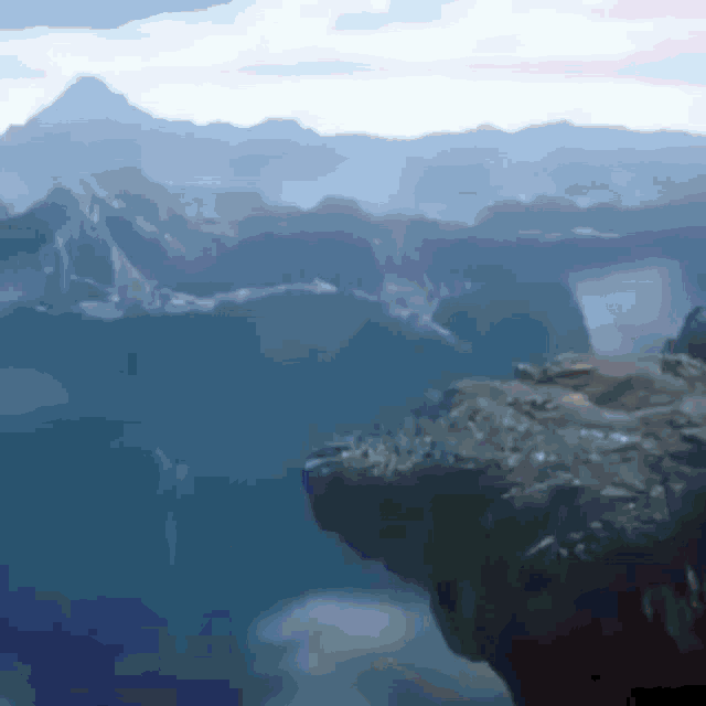 a painting of a mountain range with a large rock in the middle