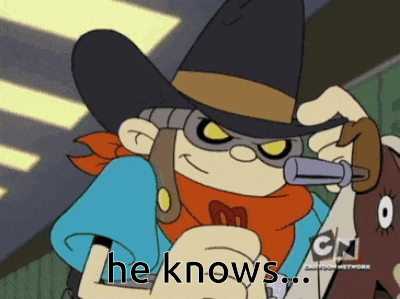 a cartoon character is holding a gun and the words he knows are below him