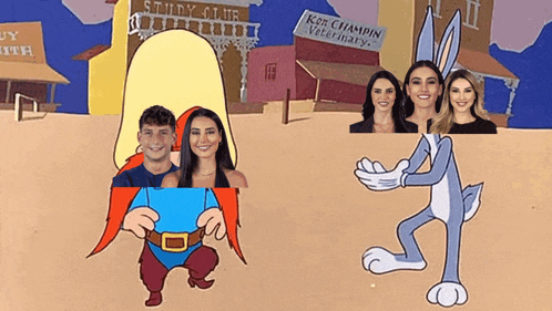 a group of people are posing for a picture in front of a cartoon bunny