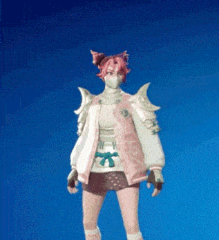 a girl with pink hair is wearing a mask and a pink jacket .