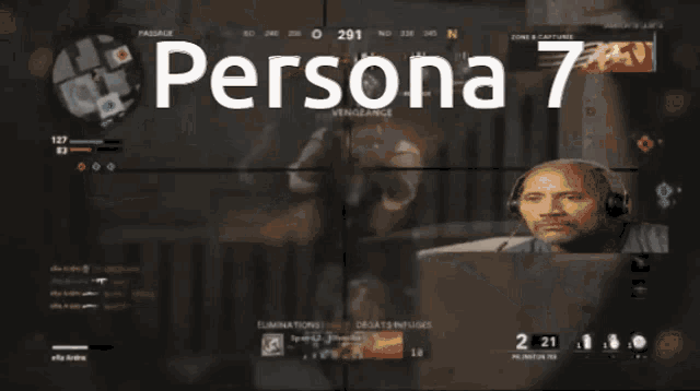 a man wearing headphones is playing a video game with the name persona 7