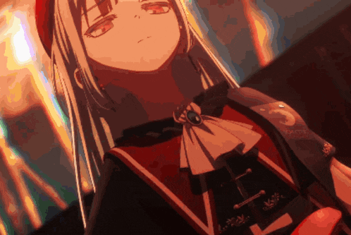 a girl with long white hair and red eyes is wearing a red and black outfit