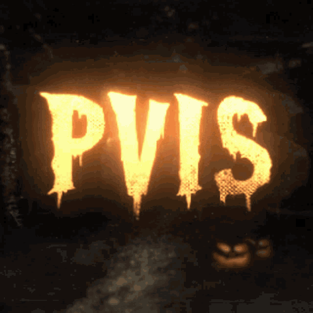 the word pvis is lit up in yellow letters