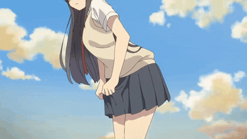 a girl in a school uniform adjusts her skirt in front of a blue sky with clouds