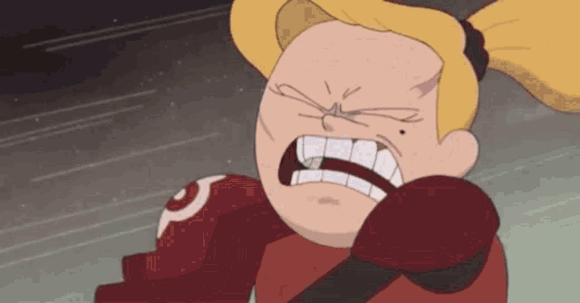a cartoon character is making a funny face while holding a microphone .