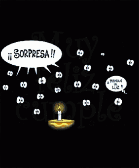 a cartoon of a cat standing in front of a cake with a candle and the word click written on the bottom