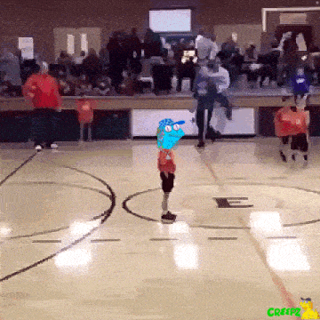 a cartoon character is playing basketball on a court with the letter e on the floor