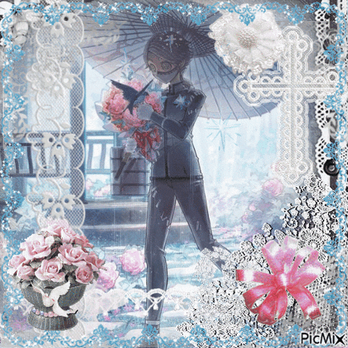 a picture of a man holding an umbrella and a bouquet of flowers has the word picmix on it