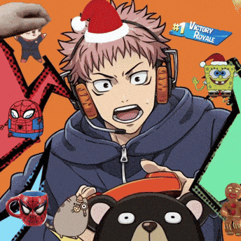 a cartoon of a boy wearing a santa hat and headphones surrounded by spongebob and spider-man