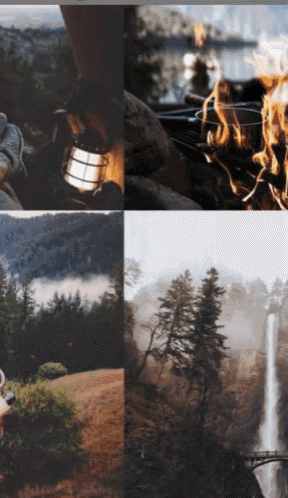 a collage of four pictures shows a waterfall a campfire and a lantern