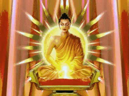 a painting of a buddha sitting on a chair