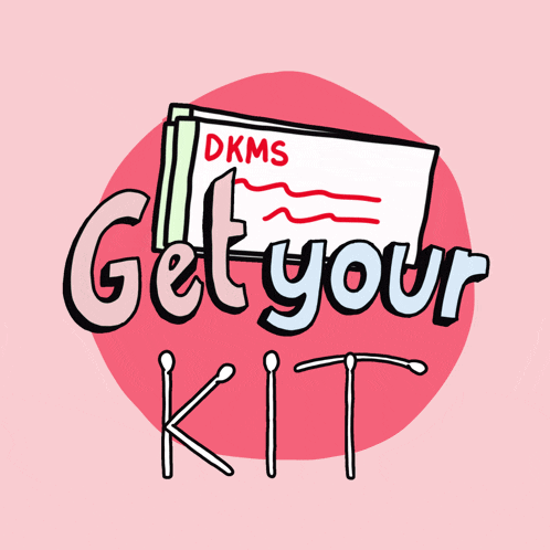 a pink circle with the words get your kit and a stack of dkms envelopes