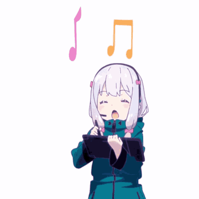 a girl with a microphone on her head is listening to music on her tablet
