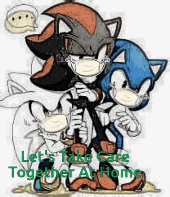 shadow the hedgehog and sonic the hedgehog wearing face masks with the words let 's take care together at home below them