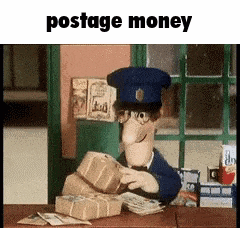 a cartoon postman is sitting at a desk with a pile of money .