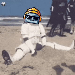 a pixel art of a stormtrooper laying in the sand
