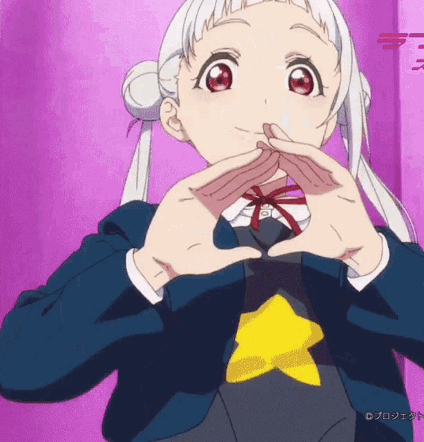 a girl with white hair and a yellow star on her shirt