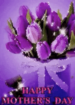 a bouquet of purple flowers is on a purple background with the words `` happy mother 's day '' written on it .