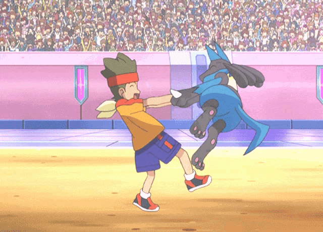 a cartoon of a boy fighting a pokemon on a field