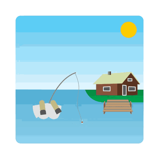 a drawing of a house and a boat with a fishing rod in the water